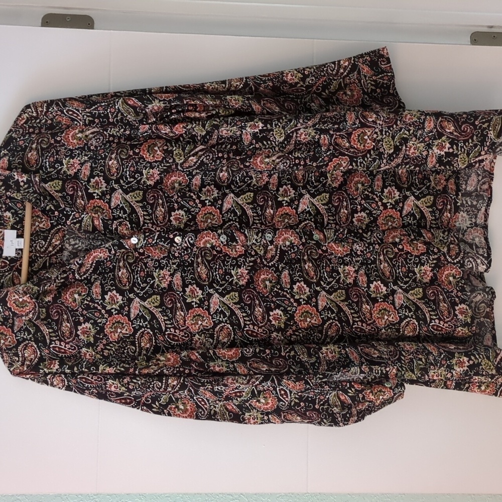 J. Jill Black Paisley Button-Down Shirt with Pink & Green Accents